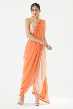 Shop for Nikasha Peach Viscose Georgette Colorblock Dhoti Pant Saree With Blouse for Women Online at Aza Fashions Pant Saree, Dhoti Saree, Halter Neck Blouses, Peach Saree, Dhoti Pants, Drape Saree, Blouse For Women, Peach Orange, Indian Fashion Designers