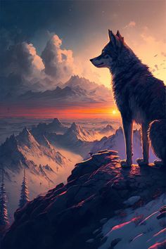 a wolf standing on top of a snow covered mountain under a cloudy sky at sunset