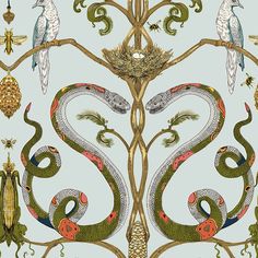 an intricately designed wallpaper with birds and snakes on the tree branch, in shades of blue