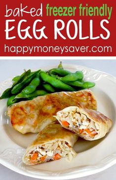 an egg roll on a plate with green beans