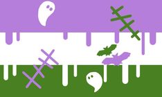 halloween themed background with ghost, bats and tombstones in purple and green colors on the left side