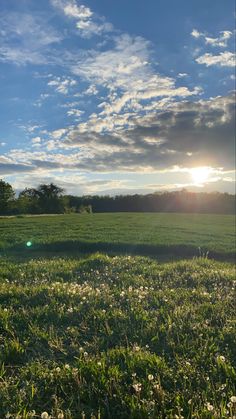 the sun shines brightly through the clouds over an open field with grass and flowers