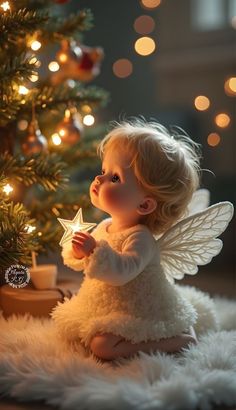 a little angel sitting in front of a christmas tree and holding a star ornament