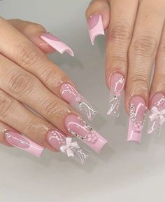 Long Nails Flowers, Baby Pink Long Nails, Gen Nails, Pink Long Nails, Prom Nail Ideas, Nail Ideas Spring, Flowers Coquette, Mc Nails, Nails Latina