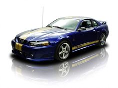 a blue sports car with gold stripes on the front and side, parked against a white background