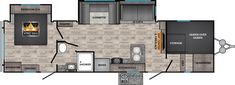 the floor plan for a travel trailer that is equipped with an additional kitchen and living area