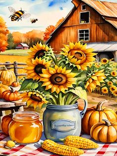 a painting of sunflowers in a mason jar with corn on the table and a barn in the background