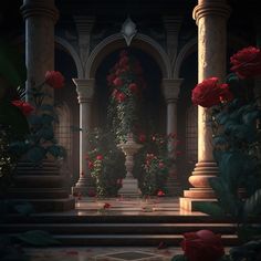 an animated scene with roses in the foreground and columns on either side, surrounded by greenery