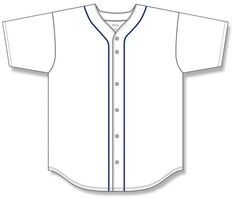 a white baseball jersey with blue stitching on the chest and sleeves, front view