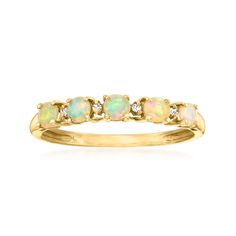 Ross-Simons - 3mm Opal Ring with Diamond Accents in 10kt Yellow Gold. Size 6. Canaria fine jewelry. Perfect for everyday wear, these genuine 10kt gold wardrobe essentials are fashionable, fun and designed to last a lifetime. Strong and durable, our collection of gold classics is always a great value. This dreamy gemstone ring features 3mm round opals and sparkling diamond accents. Crafted in polished 10kt yellow gold. 1/8" wide. Opal ring. Opal birthstones are the perfect gift for October birthd Gold Wardrobe, Opal Birthstone, Ring Opal, Boot Jewelry, Yellow Gold Jewelry, Ring With Diamond, Sparkling Diamond, Opal Color, Opal Ring