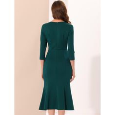 This vintage-inspired dress is a must-have for any fashion-conscious woman looking to add a touch of sophistication and elegance to her wardrobe. With a slim-fit silhouette and a stunning mermaid hem, this dress is the perfect choice for a variety of occasions, from work to church to cocktail events. The 3/4 sleeve design adds a touch of class and elegance, making you feel confident and chic wherever you go. Whether you're looking to stand out at the office or make a statement at a special event Fitted Green Dress With 3/4 Length, Formal Fishtail Bodycon Dress, Elegant Fitted Bodycon Dress With 3/4 Sleeves, Fitted Mermaid Hem Midi Dress For Formal Occasions, Fitted Midi Dress With Mermaid Hem For Formal Occasions, Fitted Cocktail Dress With 3/4 Length, Formal Fitted Bodycon Dress With Mermaid Hem, Fitted Bodycon Dress With Mermaid Hem For Formal Occasions, Formal Bodycon Dress With Mermaid Hem