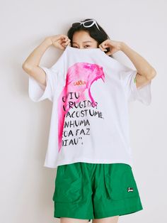 MIAO Letter Print Tee – Urlazh New York Summer Drop Shoulder T-shirt With Screen Print, Trendy Boxy Fit T-shirt For Summer, Spring Graphic Print Drop Shoulder Tops, Summer Screen Print Drop Shoulder Tops, Summer Drop Shoulder Top With Screen Print, Spring Streetwear Drop Shoulder Tops, Pink Boxy Fit Top For Spring, Spring Pink Boxy Fit Top, Relaxed Fit Top For Spring Streetwear