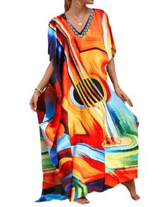 PRICES MAY VARY. Plus size kaftan cover ups for swimwear fits US size M-XXL, Bust:59.8" Length:51.6" Shoulder:34.2" Beautiful colors kaftan dress for women without being see-through Perfect weight-it is not sheer,it is not heavy.Made of lightweight fabric,comfy and roomy,washes and drys well This long cover up dress provides enough coverage from the sun,perfect for hot summer days when you are outside Great as a beautiful swimsuit cover and poolside loungewear,could be worn as summer dress for c Vibrant Print V-neck Kaftan For Beachwear, Flowy V-neck Swimwear For Beach Cover-up, Summer Multicolor Print Dresses For Beach Season, Summer Dresses In Multicolor Print For Beach Season, Summer Dresses With Multicolor Print For Beach Season, Flowy V-neck Beach Dress For Resort, Multicolor V-neck Cover-up For Beach Party, Beach V-neck Printed Kaftan, Printed V-neck Beach Dress For Summer