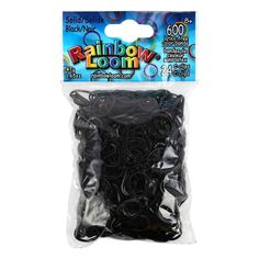 a package of black rubber hair clips in plastic packaging with the words rainbow loom on it