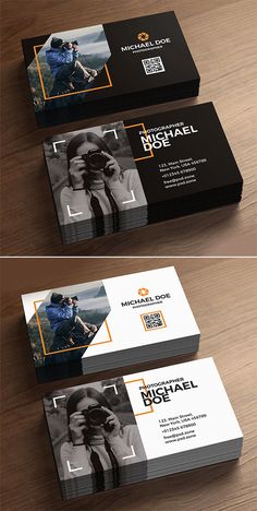 two different business cards on top of a wooden table with the same design and color scheme