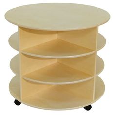 three tiered round table with wheels on each side and four shelves in the middle