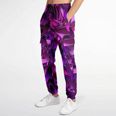 Pink and Purple Chromatic Melt Unisex Cargo Joggers (Fleece Lined) – BigTexFunkadelic Purple Streetwear Cargo Pants With Side Pockets, Purple Streetwear Cargo Pants, Purple Cargo Pants For Streetwear, Pink Cargo Pants With Elastic Waistband For Streetwear, Streetwear Purple Bottoms With Side Pockets, Purple Bottoms With Elastic Waistband For Streetwear, Purple Sweatpants With Relaxed Fit And Elastic Waistband, Purple Relaxed Fit Sweatpants With Elastic Waistband, Casual Purple Sweatpants With Relaxed Fit