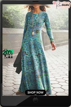 Crew Neck Casual Ethnic Dresses Bohemian Non-stretch Long Maxi Dress, Casual Long Sleeve Maxi Dress For Festivals, Bohemian Maxi Dress For Winter, Winter Bohemian Maxi Dress, Green Bohemian Maxi Dress For Fall, Bohemian Multicolor Winter Dress, Bohemian Blue Winter Dresses, Ethnic Dresses, Maxi Jersey Dress