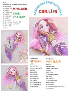 the mermaid doll has pink hair and is wearing a purple dress with gold beads on it