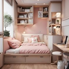 a small bedroom with pink walls and white bedding, wooden flooring and shelves above the bed