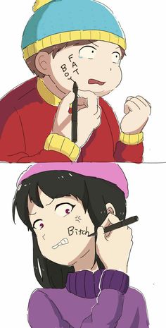 two anime characters one is holding a pen and the other has writing on his face