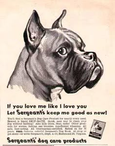 an old advertisement with a dog's face and the caption says, if you love me like i love you let sergeants keep me god as new