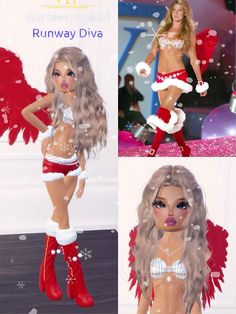 three different pictures of a woman in santas outfit and boots, one with angel wings