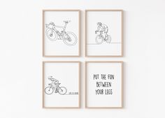 three framed art prints with the words put the fun between your legs and a man riding a bike