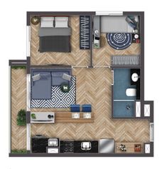 an overhead view of a bedroom and living room in a floor plan for a house