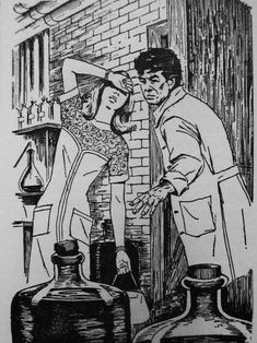 a man and woman standing next to each other in front of a brick wall with bottles