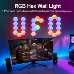 a desk with a computer and gaming accessories on it, along with the words rgb hex wall light