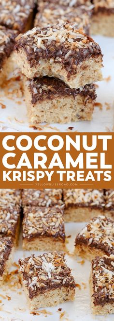 coconut caramel krispy treats stacked on top of each other with text overlay