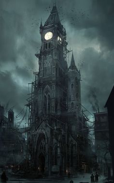 an old building with a clock tower in the middle of it and bats flying around