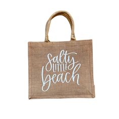 "This cute jute bag is perfect for the summer. Roomy and spacious for all of your summer belongings. Personalization is available. Please choose from the menu options above. Blue or white graphic with option to add name on the back of bag.  Bags measure 15.5\" x 13.75\" x 6\" with a laminated (water resistant) interior.  Add 5 or more bags to cart for a special discount! Free shipping for orders of 2 or more items- anything in the shop is eligible!" Casual Beach Bag With Letter Print, Beige Bags With Letter Print For Summer, Summer Rectangular Bag With Letter Print, Summer Rectangular Bags With Letter Print, Rectangular Letter Print Beach Bag, Rectangular Letter Print Bags For Vacation, Summer Beach Bag With Letter Print, Summer Vacation Bag With Letter Print, Summer Vacation Bags With Letter Print