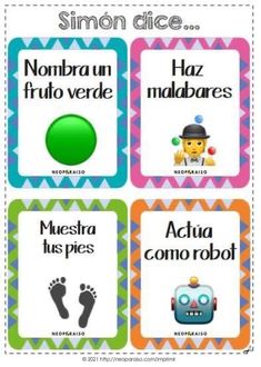 four different spanish words with pictures on them