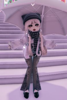 an animated doll is standing in front of some stairs with an umbrella over her head