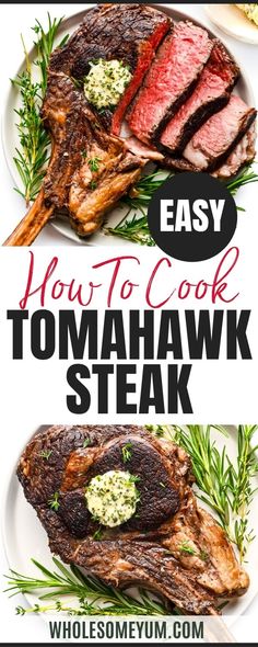 how to cook tomahwak steak on a plate with rosemary garnish