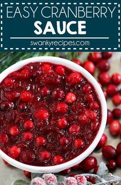 cranberry sauce in a white bowl with berries around it and text overlay that reads easy cranberry sauce