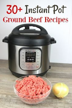 an instant pot with ground beef in front of it