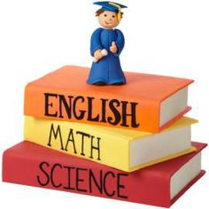 a figurine sitting on top of three books with the words english and math science