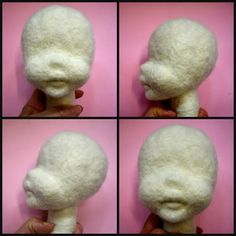 four pictures of the same person's head made out of white wool and felt