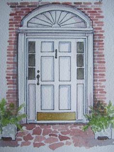 a watercolor painting of a white front door