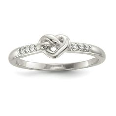 Sterling Silver CZ Heart Ring. Material: Primary - Purity:925|Finish:Polished|Stone Type_1:Cubic Zirconia (CZ)|Stone Color_1:Clear|Stone Quantity_1:6|Band Width:1.61 mm|Feature:Solid|Manufacturing Process:Casted|Material: Primary:Sterling Silver|Completeness:Complete (all stones included)|Stone Shape_1:Round|Stone Treatment_1:Synthetic|Thickness:>1 mm|Item Weight U/M:gm|Product Type:Jewelry|Jewelry Type:Rings|Sold By Unit:Each|Profile Type:Closed Back|Material: Primary - Color:White|Ring Type:Themed|Ring Top Length:5.3 mm|Ring Top Width:6.9 mm|Stone Creation Method_1:Synthetic Size: 6.0.  Gender: unisex.  Age Group: adult. Knot Rings, Love Knot Ring, Heart Band, Sterling Silver Rings Bands, Knot Ring, Clear Stone, Silver Band Ring, 14k White Gold Ring, Fine Jewelry Gift