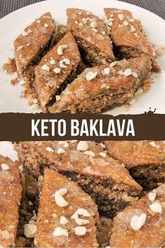 keto baklaa on a white plate with almonds and text overlay