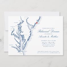 a wedding card with the map of rhode and rhode island in blue ink on white paper