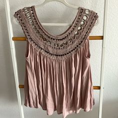 Tag Says Taupe But It’s Really Mauve. Crocheted Top W Metal Embellishments Mauve Bohemian Tops For Spring, Pink Embellished Bohemian Top, Metal Embellishments, Cell Phone Holster, Phone Holster, Flowy Tops, Walker Boots, Fit N Flare Dress, Boot Sandals