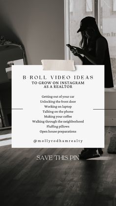 a woman sitting on the floor in front of a window with a sign that says roll video ideas to grow on instagram as a realtor