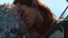 an image of two people kissing each other in the middle of a scene from final fantasy