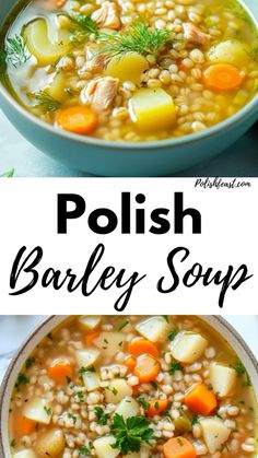 two bowls of polish barley soup with carrots and celery