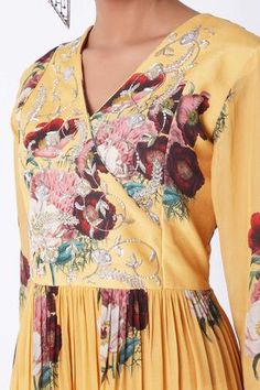 Shop for Archana Shah Yellow Bemberg Crepe Floral Print Dress for Women Online at Aza Fashions V-neck Dress With Multicolor Floral Embroidery, Floral Print Embroidered Maxi Dress For Wedding, Spring Festive Dress With Digital Print, Fitted Floor-length Dresses With Digital Print, Spring Wedding Dress With Digital Print, Festive Yellow Dresses With Floral Embroidery, Summer Wedding Dress With Digital Print, Spring Anarkali Dress With Printed Motifs, Fitted Digital Print Dresses For Spring